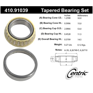 Centric Premium™ Rear Driver Side Inner Wheel Bearing and Race Set for 1986 Plymouth Horizon - 410.91039