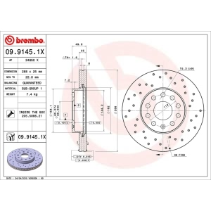 brembo Premium Xtra Cross Drilled UV Coated 1-Piece Front Brake Rotors for Volkswagen e-Golf - 09.9145.1X
